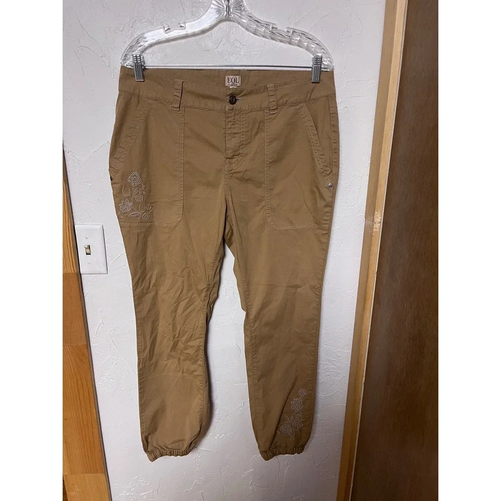 EQL by Kerrits Womens Tan‎ Khaki Floral Embroidered Jogger Utility Pants Size 10
